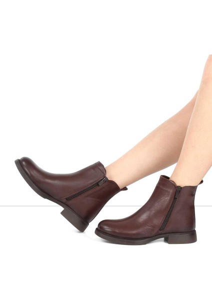 Kadın Kahverengi Çift Fermuarlı Deri Bot fiyatları