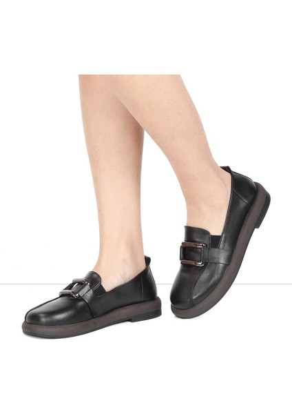 Kadın Siyah Tokalı Kalın Tabanlı Deri Loafer fiyatları