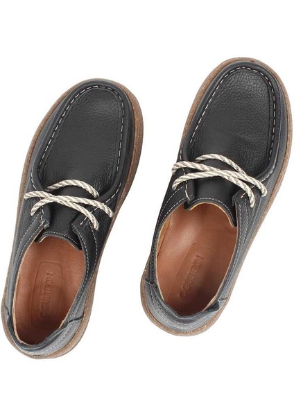 Kadın Siyah Bağcıklı Kalın Tabanlı Deri Ayakkabı