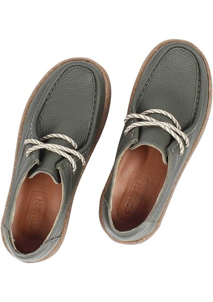 Kadın Haki Bağcıklı Kalın Tabanlı Deri Ayakkabı