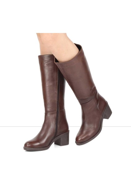 Kadın Kahverengi Fermuarlı Topuklu Deri Çizme fiyatları