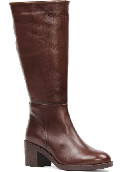 Kadın Kahverengi Fermuarlı Topuklu Deri Çizme modelleri