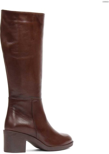 Kadın Kahverengi Fermuarlı Topuklu Deri Çizme indirimleri