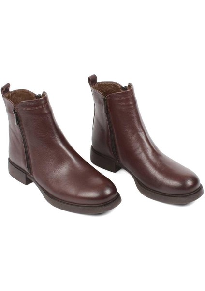 Kadın Kahverengi Çift Fermuarlı Deri Bot