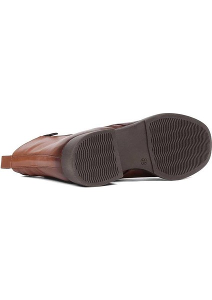 Kadın Taba Çift Fermuarlı Deri Bot