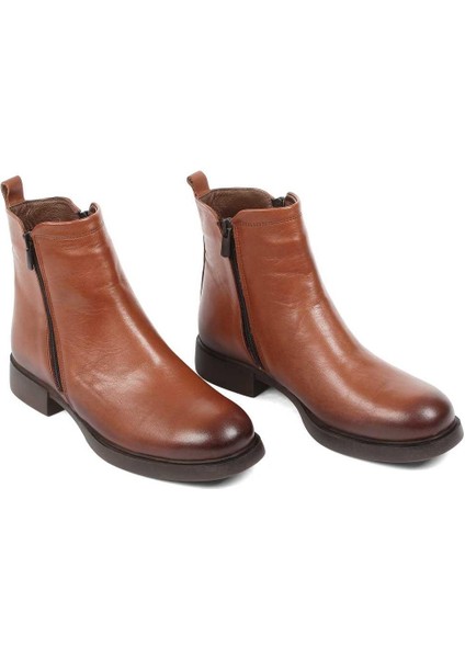Kadın Taba Çift Fermuarlı Deri Bot