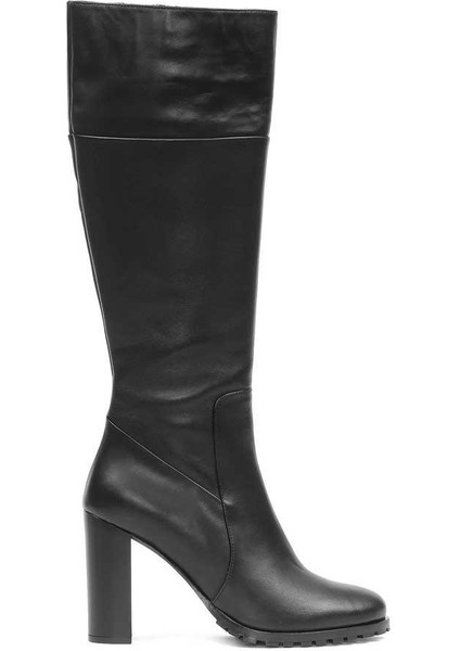 Kadın Siyah Fermuarlı Uzun Topuklu Deri Çizme