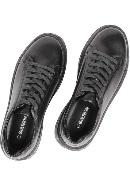 Erkek Siyah Bağcıklı Kalın Tabanlı Deri Sneaker