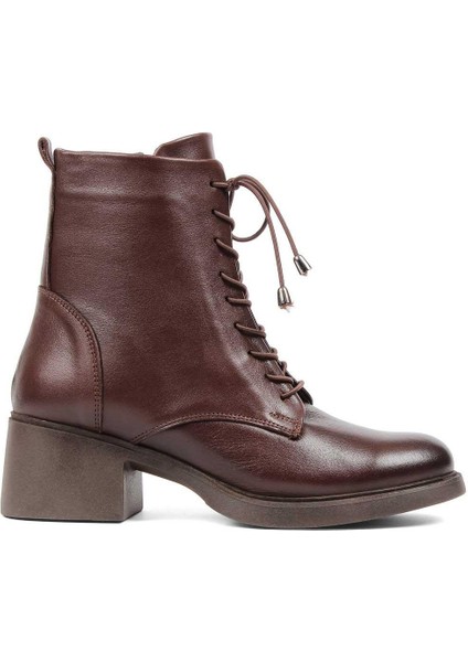 Kadın Kahverengi Bağcıklı Fermuarlı Deri Bot