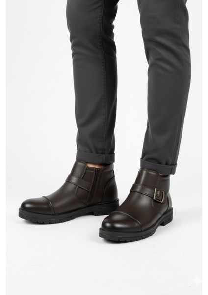 Erkek Suni Deri Içi Kürklü Fermuarlı Kemerli Kaymaz Termo Taban Bot