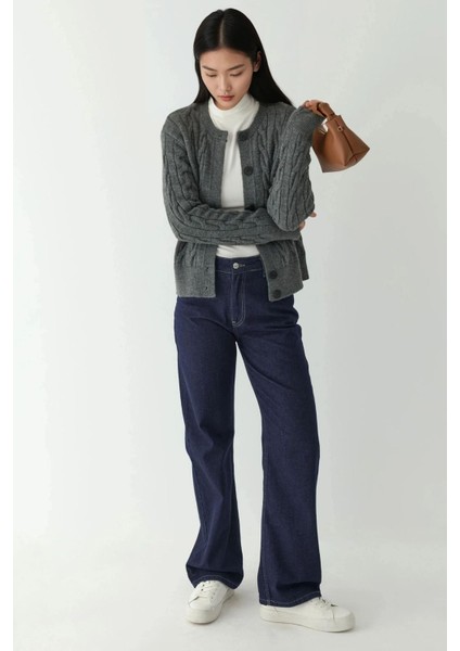 Kadın Saç Örgü Desenli Düğmeli Triko Hırka Grey fiyatları