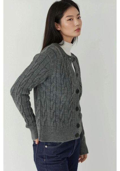 Kadın Saç Örgü Desenli Düğmeli Triko Hırka Grey modelleri