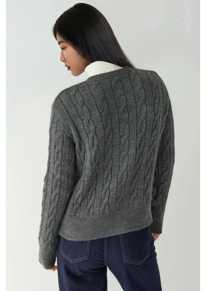 Kadın Saç Örgü Desenli Düğmeli Triko Hırka Grey fırsatları