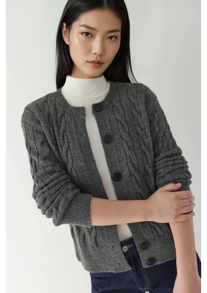 Kadın Saç Örgü Desenli Düğmeli Triko Hırka Grey indirimleri