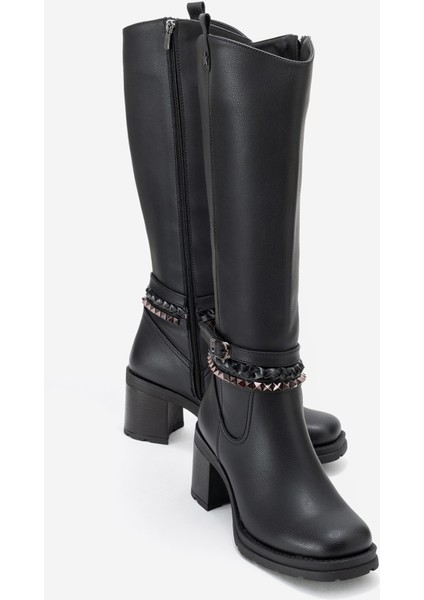 Vıorra Siyah Cilt Kayışlı Kadın Kalın Topuklu Çizme