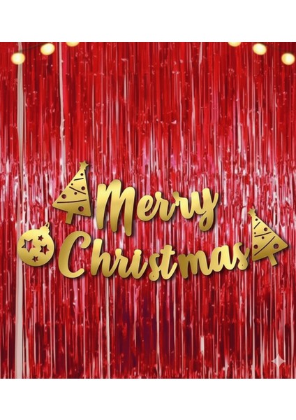 Yılbaşı Merry Christmas Kaligrafi Yazı Kırmızı Metalize Perde 2 Li Set