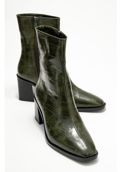 Chara Yeşil Baskı Kadın Kalın Topuklu Bot