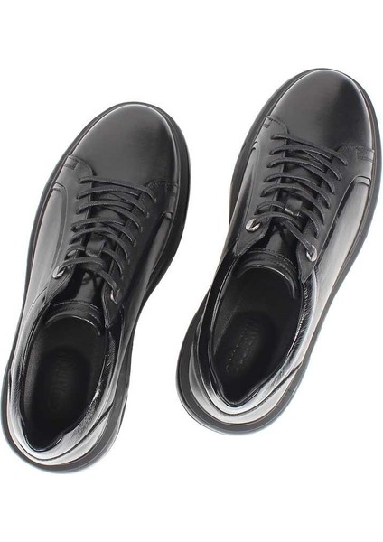 Erkek Siyah Bağcıklı Kalın Tabanlı Deri Sneaker