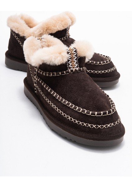 Darel Kahverengi Süet Hakiki Deri Dikişli Kürklü Kadın Kısa Bot