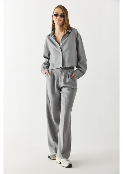 Chloe Wide Leg Keten Palazzo Pantolon-Gri fiyatları