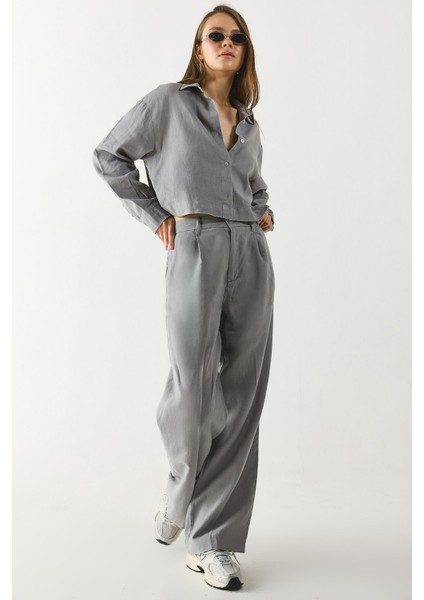 Chloe Wide Leg Keten Palazzo Pantolon-Gri modelleri