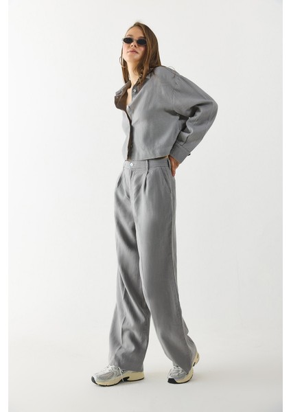 Chloe Wide Leg Keten Palazzo Pantolon-Gri fırsatları