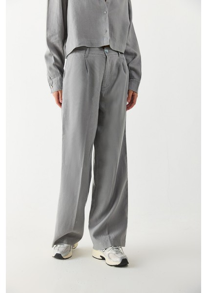 Chloe Wide Leg Keten Palazzo Pantolon-Gri indirimleri