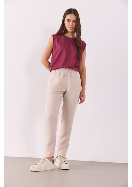Alian Beli Lastikli Beach Pantolon(Tencel)(Tm)-Taş