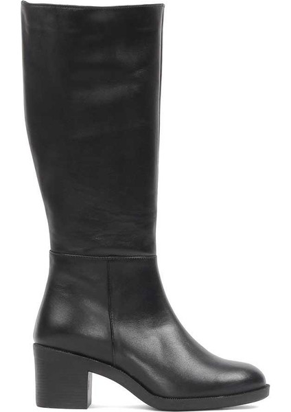 Kadın Siyah Fermuarlı Topuklu Deri Çizme