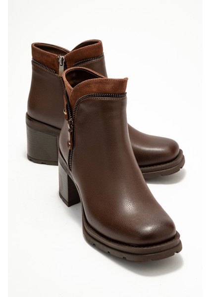 Parly Kahverengi Cilt Fermuar Detaylı Kadın Kalın Topuklu Bot