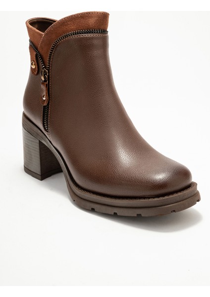 Parly Kahverengi Cilt Fermuar Detaylı Kadın Kalın Topuklu Bot modelleri