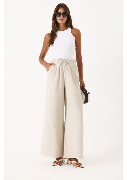 Gigi Yüksek Bel Wide Leg Müslin Pantolon-Taş