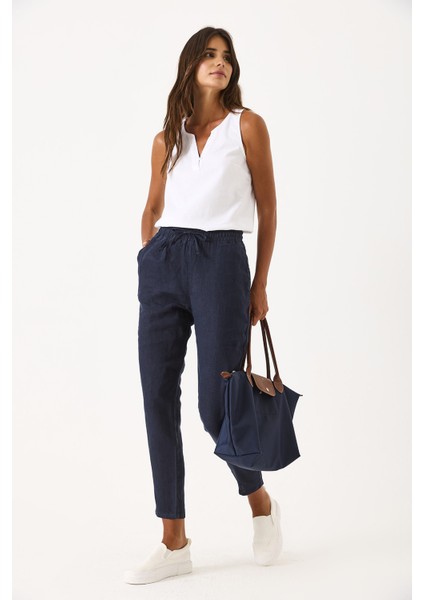 Alian Beli Lastikli Keten Beach Pantolon-Lacivert modelleri