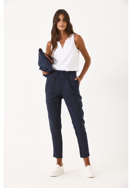 Alian Beli Lastikli Keten Beach Pantolon-Lacivert fırsatları