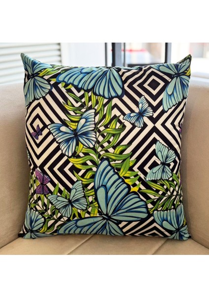 Kelebek Desenli Kırlent Kılıfı – 45X45 Cm, Fermuarlı, Kolay Yıkanabilir