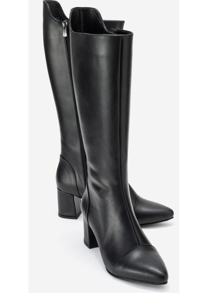 Lumın Siyah Cilt Hakiki Deri Kadın Kalın Topuklu Çizme