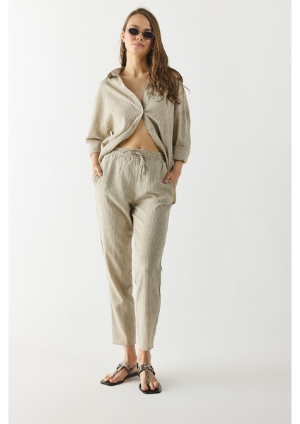 Alian Beli Lastikli Ince Çizgili Keten Pantolon-Lacivert Çizgili