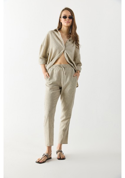 Alian Beli Lastikli Ince Çizgili Keten Pantolon-Lacivert Çizgili fiyatları