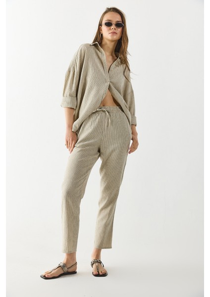 Alian Beli Lastikli Ince Çizgili Keten Pantolon-Lacivert Çizgili modelleri