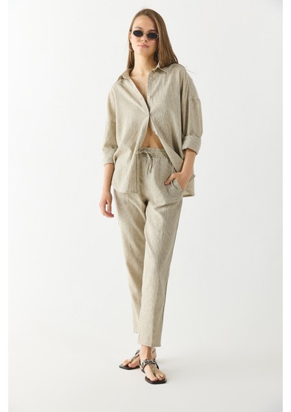 Alian Beli Lastikli Ince Çizgili Keten Pantolon-Lacivert Çizgili indirimleri