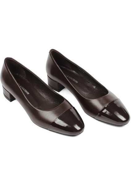 Kadın Kahverengi Kısa Kalın Topuklu Rugan Deri Klasik Ayakkabı