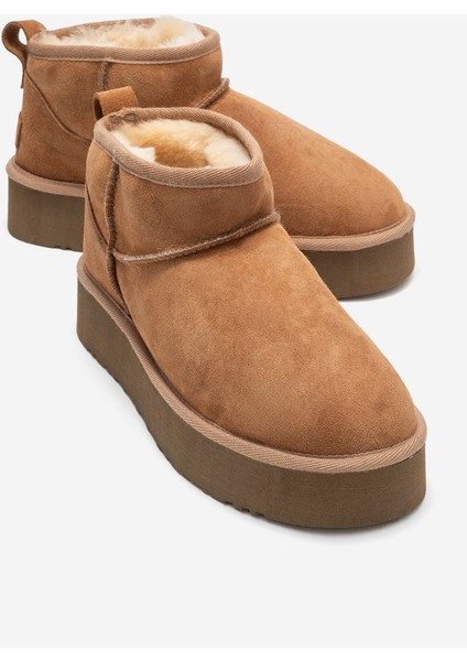 Veyra Taba Süet Hakiki Deri Kürklü Platform Tabanlı Kadın Mini Bot