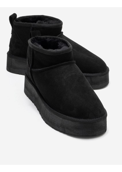 Veyra Siyah Süet Hakiki Deri Kürklü Platform Tabanlı Kadın Mini Bot