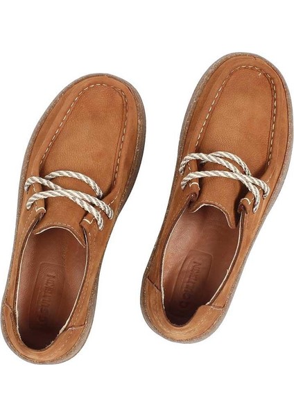 Kadın Taba Bağcıklı Kalın Tabanlı Nubuk Deri Ayakkabı