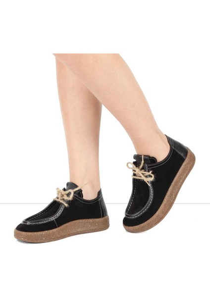 Kadın Siyah Bağcıklı Kalın Tabanlı Süet Deri Ayakkabı fiyatları