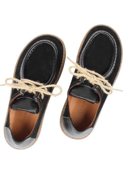 Kadın Siyah Bağcıklı Kalın Tabanlı Süet Deri Ayakkabı