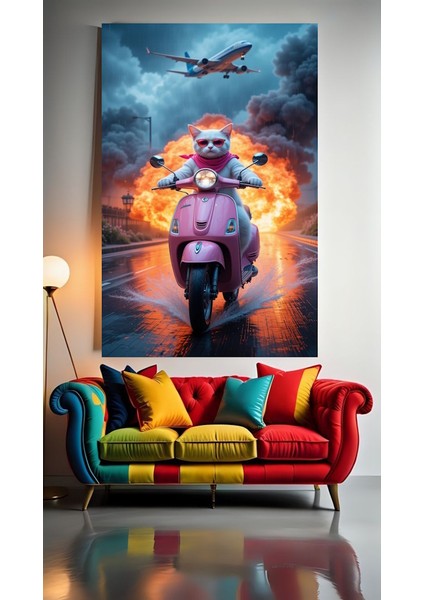 Motorcu Kedi 2 Ev Duvar Salon Güzellik Salonu Ofis Dükkan Dekarasyon Kanvas Tablo