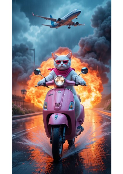 Motorcu Kedi 2 Ev Duvar Salon Güzellik Salonu Ofis Dükkan Dekarasyon Kanvas Tablo fiyatları