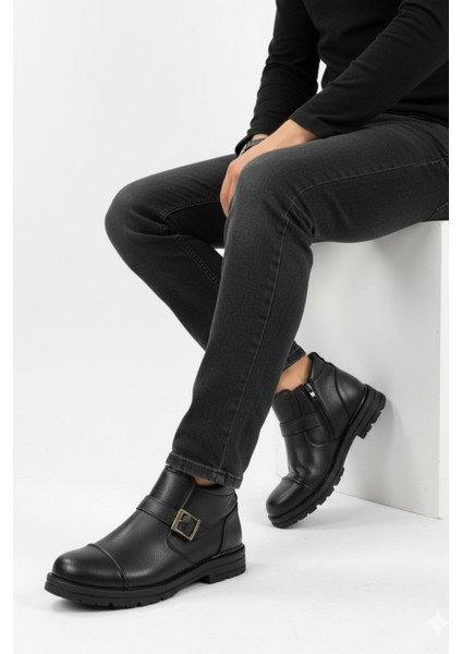 Erkek Suni Deri Içi Kürklü Fermuarlı Kemerli Kaymaz Termo Taban Bot