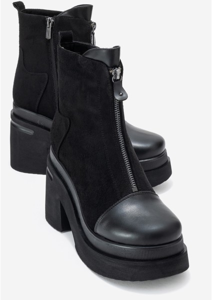 Anett Siyah Cilt-Süet Fermuarlı Kadın Platform Topuklu Bot